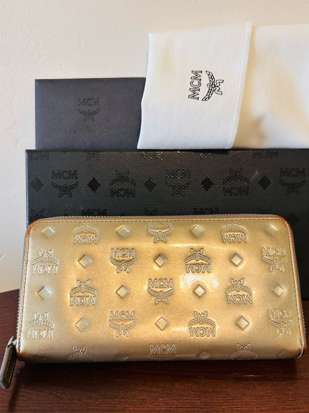 Authentic MCM Metallic Gold Patent Leather Zip-Around Wallet – Full Inclusion